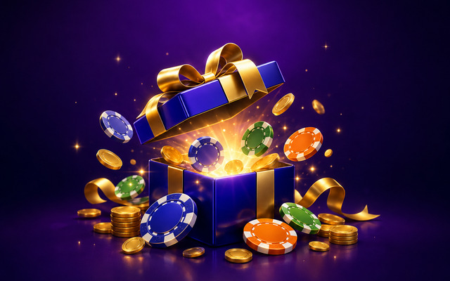 An open gift box spilling casino chips and coins